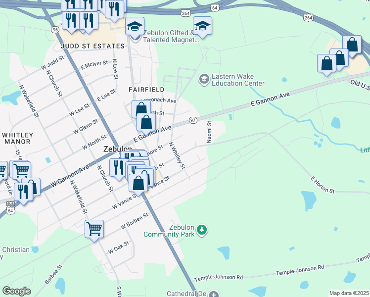 map of restaurants, bars, coffee shops, grocery stores, and more near 309 East Horton Street in Zebulon