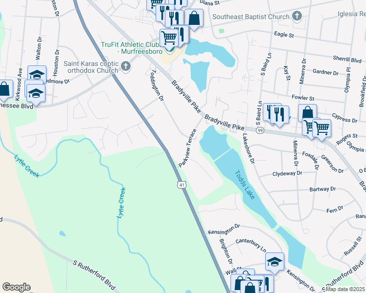 map of restaurants, bars, coffee shops, grocery stores, and more near 1306 Parkview Terrace in Murfreesboro