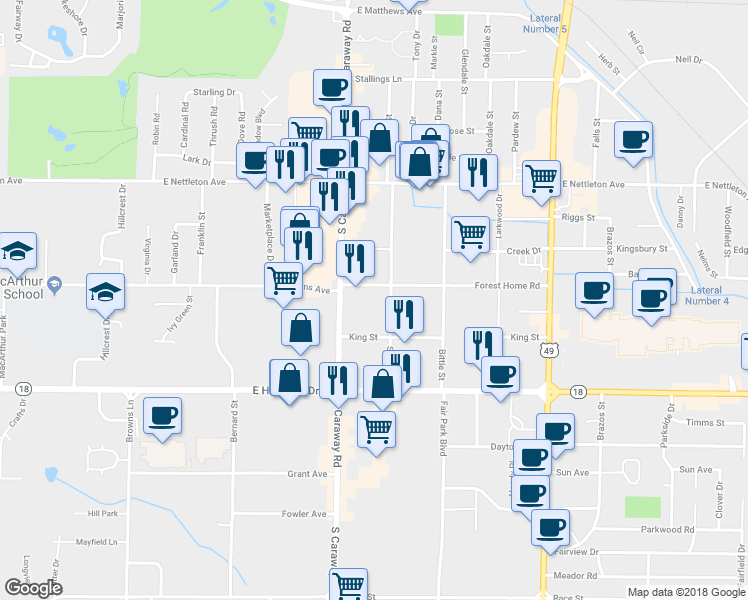 map of restaurants, bars, coffee shops, grocery stores, and more near 2417 Forest Home Road in Jonesboro