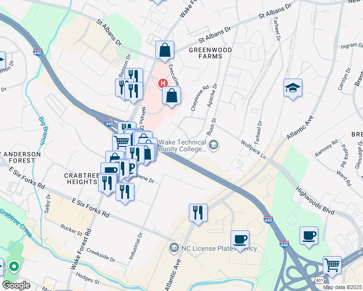 map of restaurants, bars, coffee shops, grocery stores, and more near 3208 Apache Drive in Raleigh