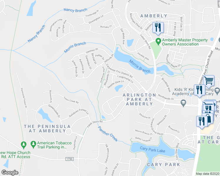 map of restaurants, bars, coffee shops, grocery stores, and more near 1317 Seattle Slew Lane in Cary