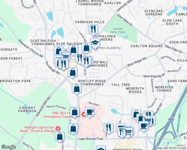 map of restaurants, bars, coffee shops, grocery stores, and more near 3151 Hemlock Forest Circle in Raleigh