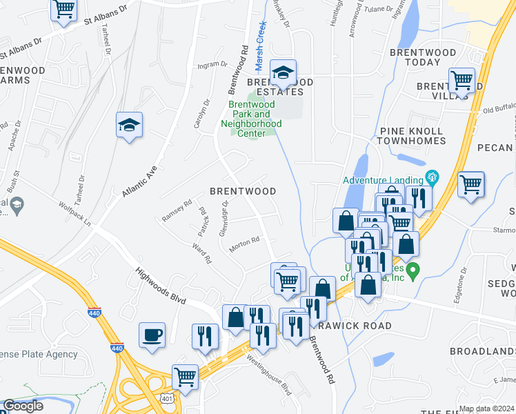 map of restaurants, bars, coffee shops, grocery stores, and more near 3204 Brentwood Road in Raleigh