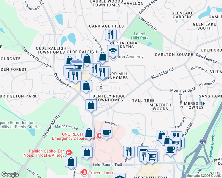 map of restaurants, bars, coffee shops, grocery stores, and more near 3151 Hemlock Forest Circle in Raleigh