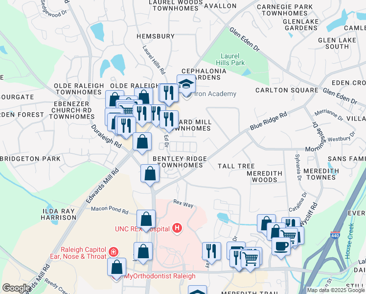 map of restaurants, bars, coffee shops, grocery stores, and more near 3101 Hemlock Forest Circle in Raleigh