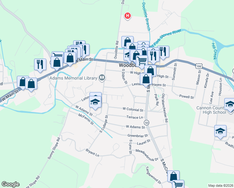 map of restaurants, bars, coffee shops, grocery stores, and more near 412 Lehman Street in Woodbury