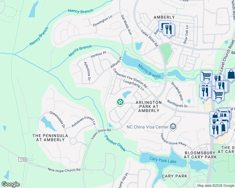 map of restaurants, bars, coffee shops, grocery stores, and more near 1317 Seattle Slew Lane in Cary