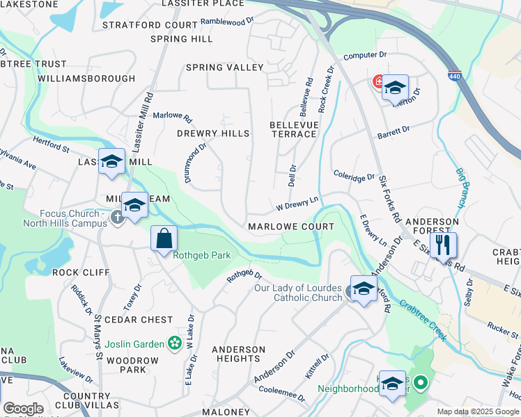map of restaurants, bars, coffee shops, grocery stores, and more near 320 West Drewry Lane in Raleigh