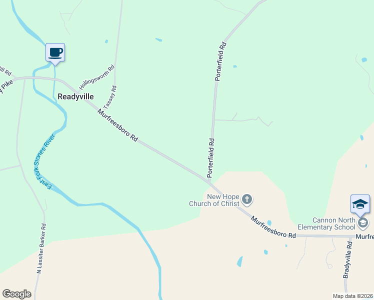 map of restaurants, bars, coffee shops, grocery stores, and more near 155 Porterfield Road in Readyville