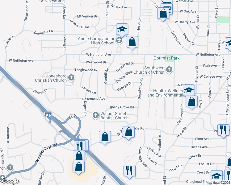 map of restaurants, bars, coffee shops, grocery stores, and more near 1811 Georgia Drive in Jonesboro
