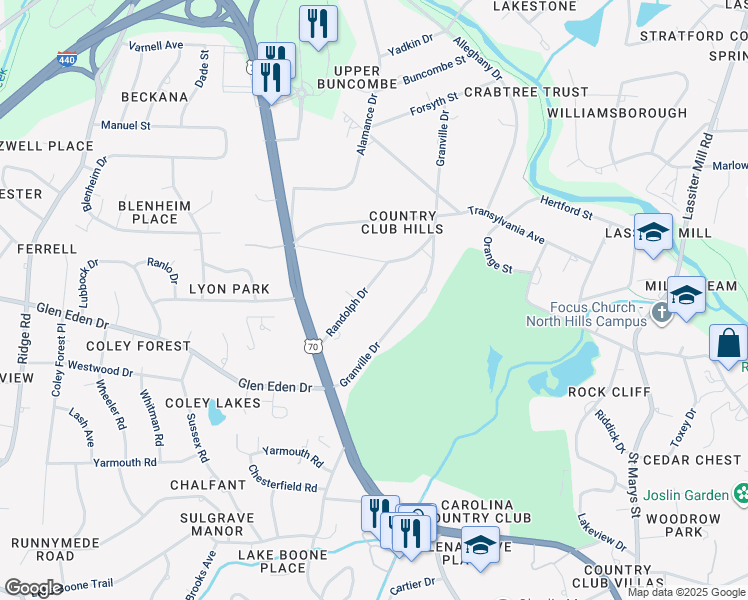 map of restaurants, bars, coffee shops, grocery stores, and more near 3030 Randolph Drive in Raleigh