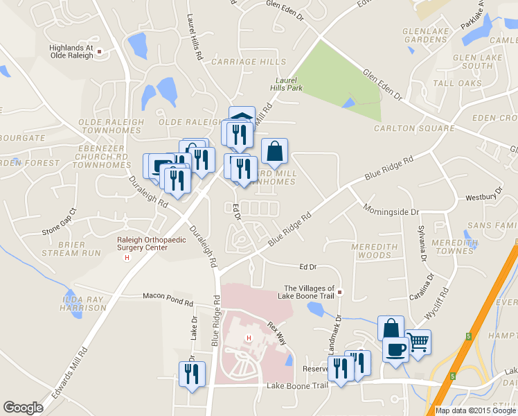 map of restaurants, bars, coffee shops, grocery stores, and more near 3151 Hemlock Forest Circle in Raleigh