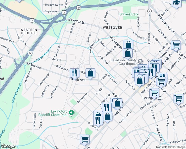 map of restaurants, bars, coffee shops, grocery stores, and more near 507 Burgin Drive in Lexington