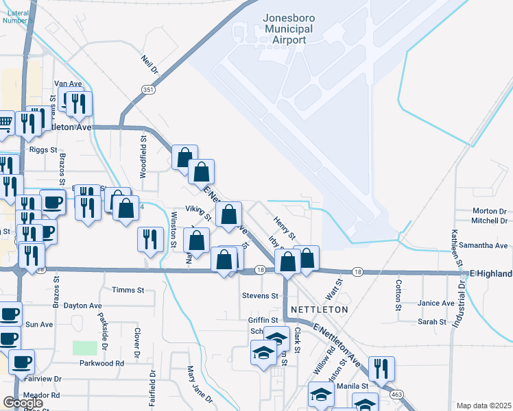 map of restaurants, bars, coffee shops, grocery stores, and more near 4001 Duke Street in Jonesboro