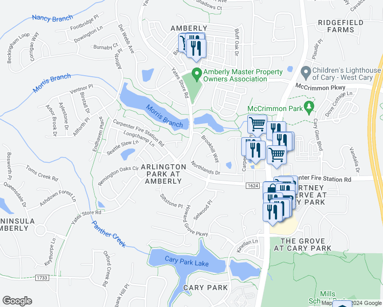 map of restaurants, bars, coffee shops, grocery stores, and more near 218 Northlands Drive in Cary