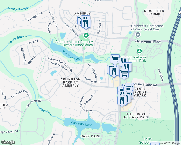 map of restaurants, bars, coffee shops, grocery stores, and more near 606 Prairie Meadows Court in Cary