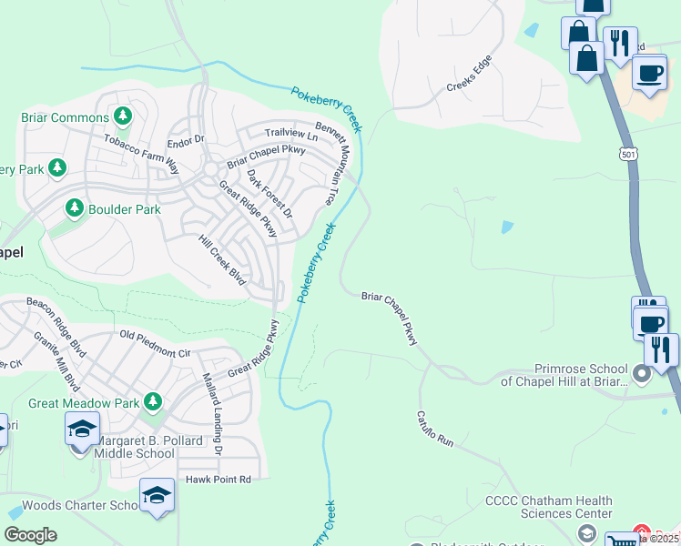 map of restaurants, bars, coffee shops, grocery stores, and more near Briar Chapel Parkway in Chatham County