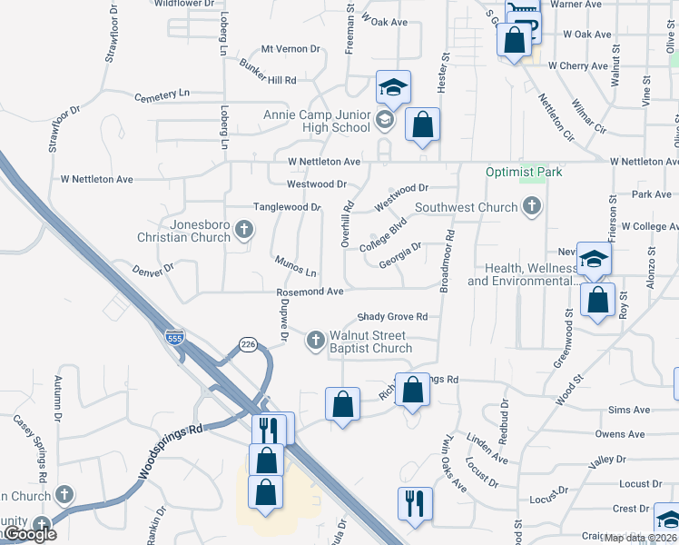 map of restaurants, bars, coffee shops, grocery stores, and more near 1705 Overhill Road in Jonesboro