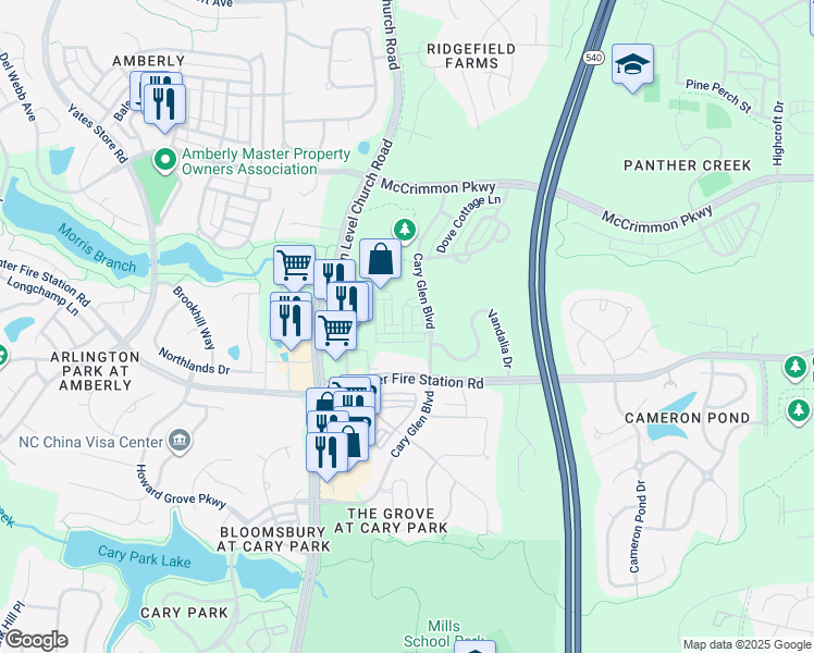 map of restaurants, bars, coffee shops, grocery stores, and more near 840 Carpenter Glen Drive in Cary