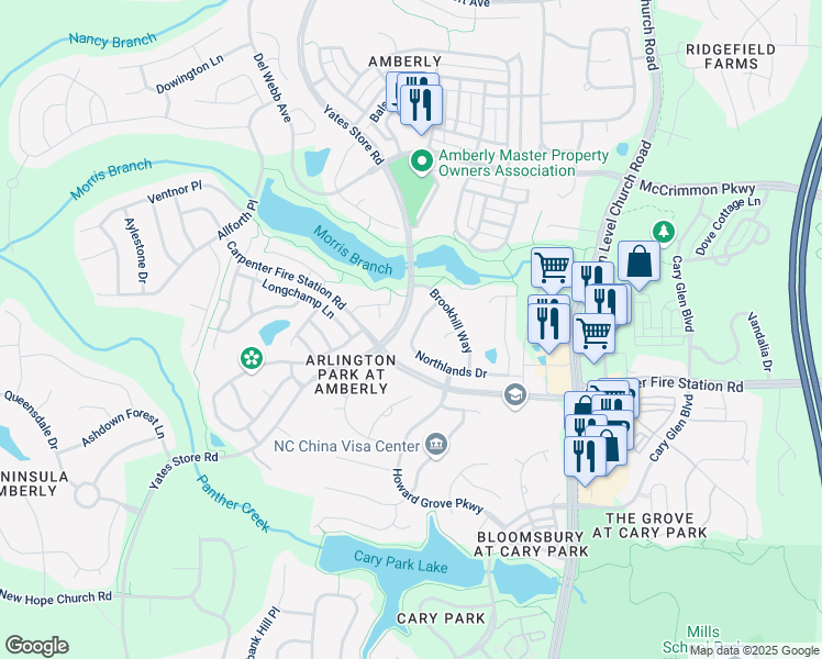 map of restaurants, bars, coffee shops, grocery stores, and more near 218 Northlands Drive in Cary