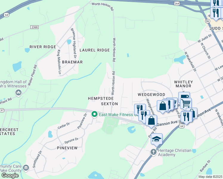 map of restaurants, bars, coffee shops, grocery stores, and more near 607 Worth Hinton Road in Zebulon