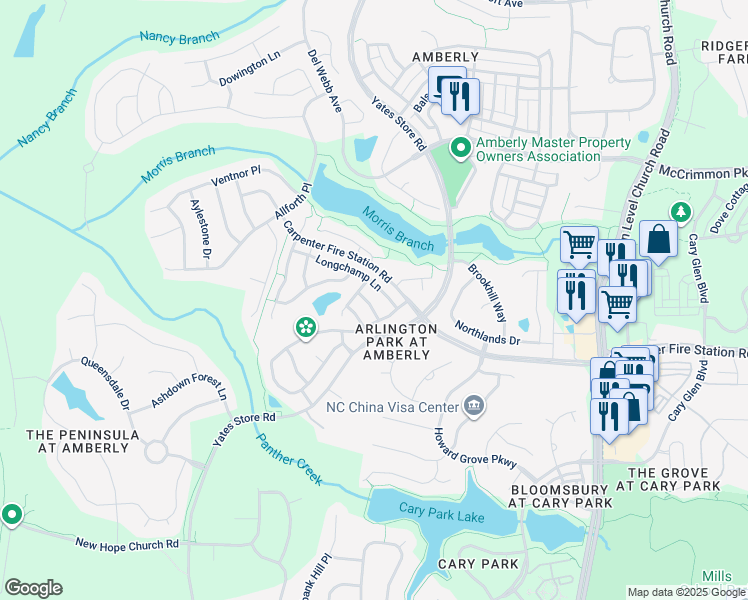 map of restaurants, bars, coffee shops, grocery stores, and more near 218 Lone Star Way in Cary