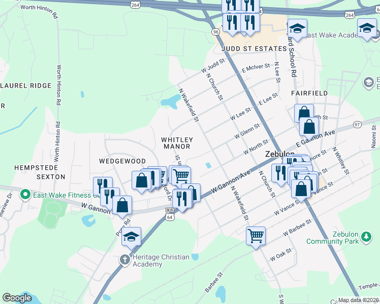 map of restaurants, bars, coffee shops, grocery stores, and more near 410 Parkside Place in Zebulon
