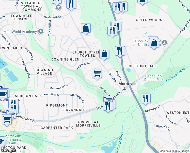 map of restaurants, bars, coffee shops, grocery stores, and more near 123 Scoggins Avenue in Morrisville