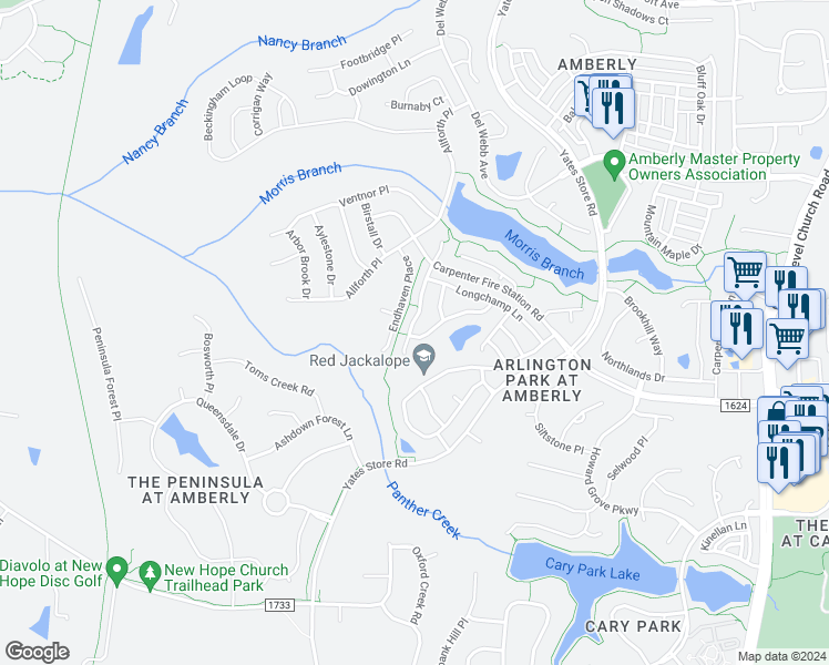 map of restaurants, bars, coffee shops, grocery stores, and more near 1819 Whirlaway Court in Cary