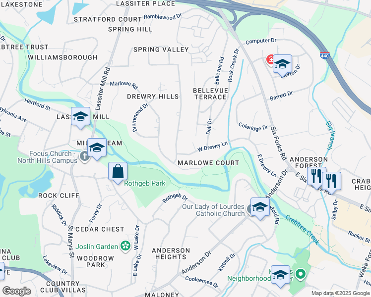 map of restaurants, bars, coffee shops, grocery stores, and more near 320 West Drewry Lane in Raleigh