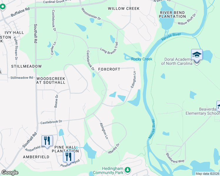 map of restaurants, bars, coffee shops, grocery stores, and more near 5704 Castlebrook Drive in Raleigh