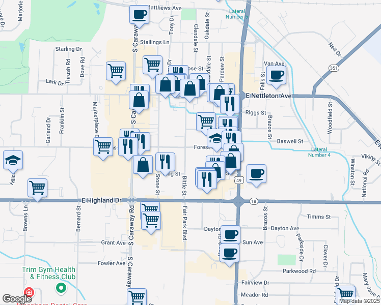map of restaurants, bars, coffee shops, grocery stores, and more near 1702 Bittle Street in Jonesboro