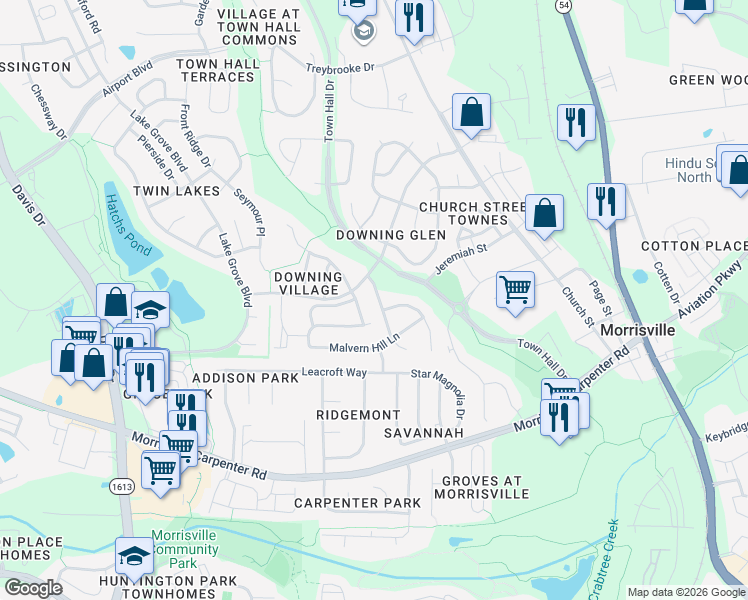 map of restaurants, bars, coffee shops, grocery stores, and more near 112 Union Ridge Drive in Morrisville
