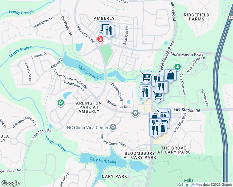 map of restaurants, bars, coffee shops, grocery stores, and more near 604 Prairie Meadows Court in Cary