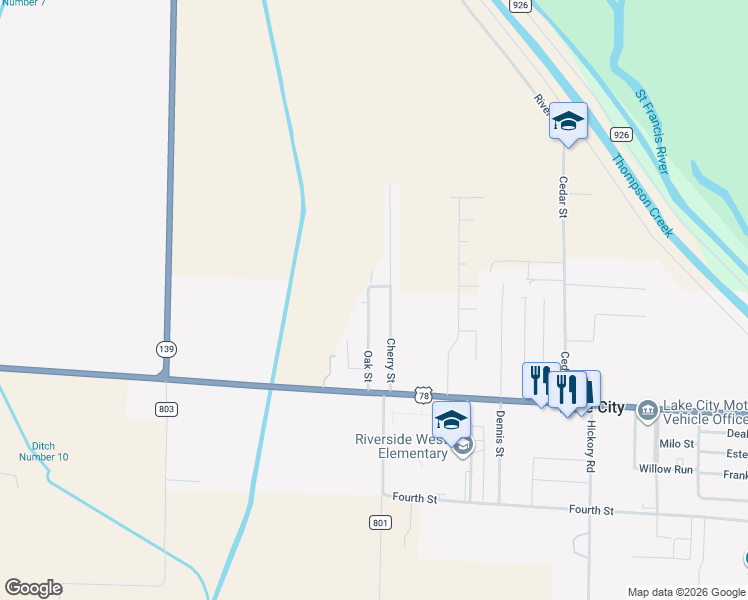 map of restaurants, bars, coffee shops, grocery stores, and more near 123 Cherry Street in Lake City