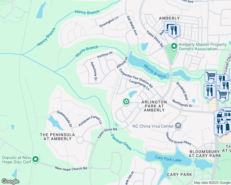 map of restaurants, bars, coffee shops, grocery stores, and more near 1822 Whirlaway Court in Cary