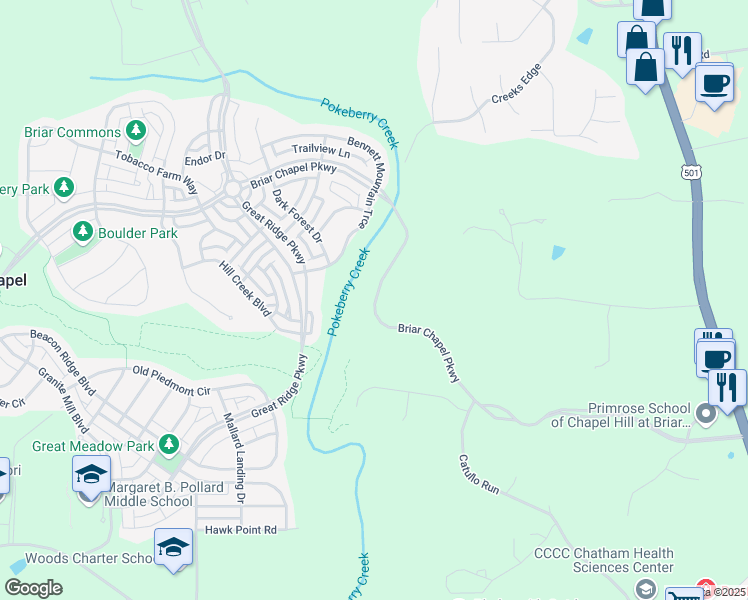 map of restaurants, bars, coffee shops, grocery stores, and more near Briar Chapel Parkway in Chatham County