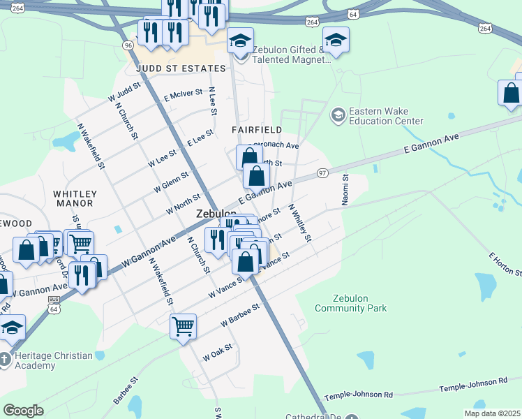 map of restaurants, bars, coffee shops, grocery stores, and more near 201 E Sycamore St in Zebulon