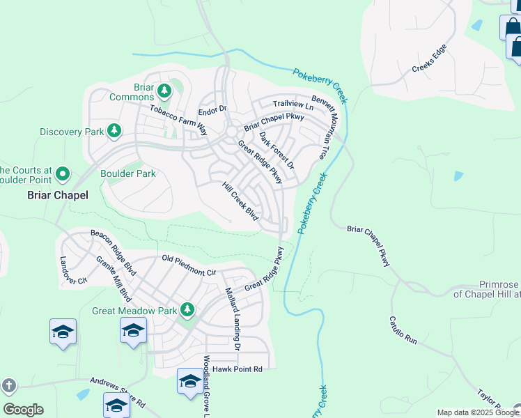 map of restaurants, bars, coffee shops, grocery stores, and more near 53 Harlow Bend in Chapel Hill