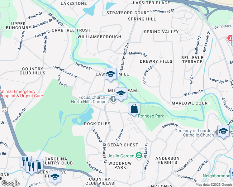 map of restaurants, bars, coffee shops, grocery stores, and more near 3213 Millstream Place in Raleigh