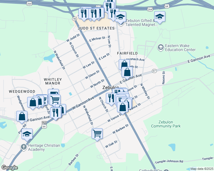 map of restaurants, bars, coffee shops, grocery stores, and more near 405 North Arendell Avenue in Zebulon