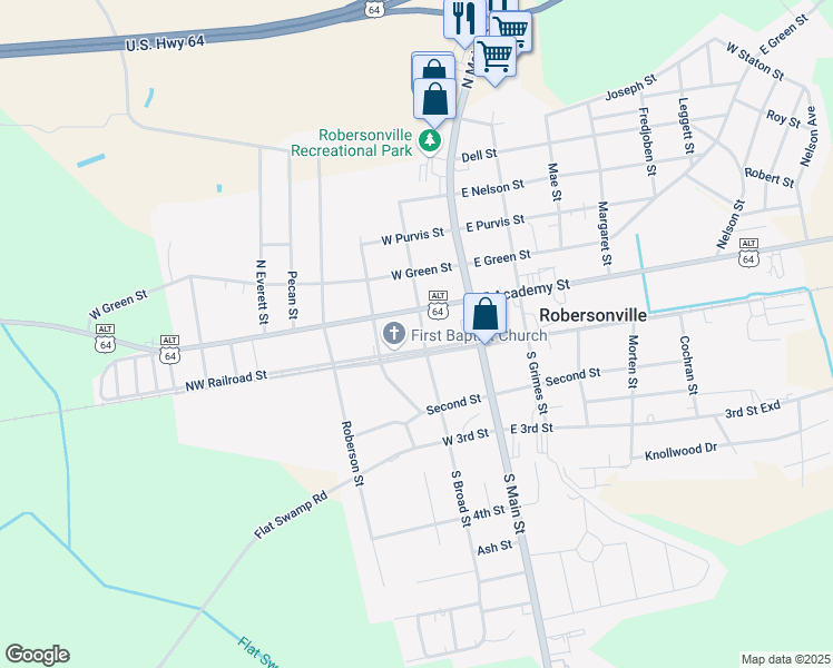map of restaurants, bars, coffee shops, grocery stores, and more near 105 North Broad Street in Robersonville