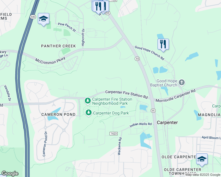 map of restaurants, bars, coffee shops, grocery stores, and more near 7012 Carpenter Fire Station Road in Cary