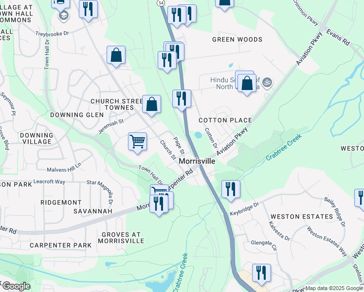 map of restaurants, bars, coffee shops, grocery stores, and more near 308 Page Street in Morrisville