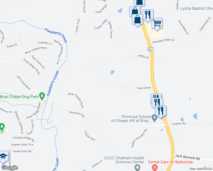 map of restaurants, bars, coffee shops, grocery stores, and more near 421 Oak Island in Chapel Hill