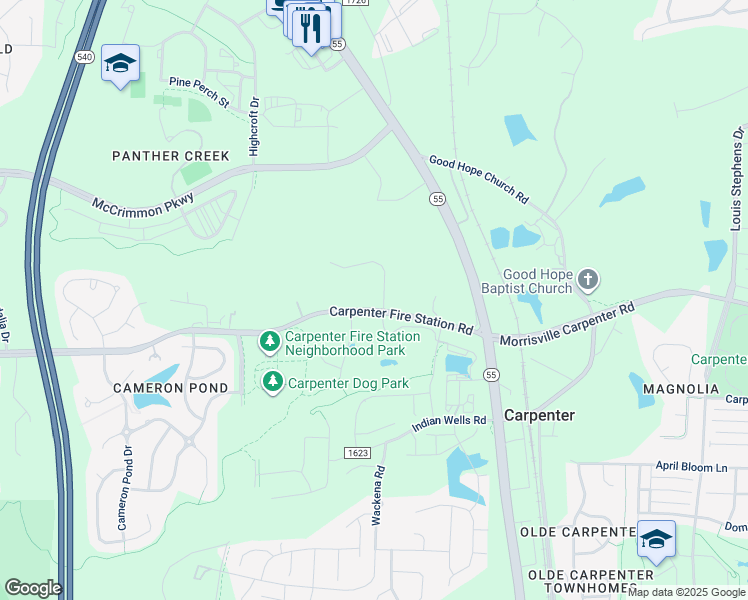 map of restaurants, bars, coffee shops, grocery stores, and more near 7000 Carpenter Fire Station Road in Cary