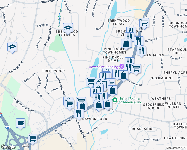 map of restaurants, bars, coffee shops, grocery stores, and more near 3014 Arrowwood Drive in Raleigh