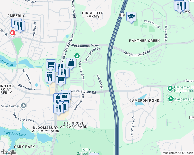 map of restaurants, bars, coffee shops, grocery stores, and more near 920 Vandalia Drive in Cary