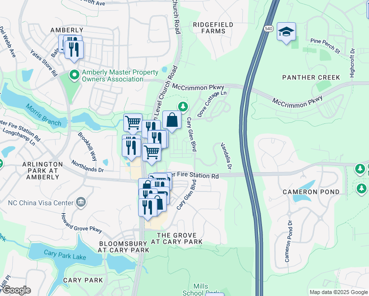 map of restaurants, bars, coffee shops, grocery stores, and more near 837 Carpenter Glenn Drive in Cary