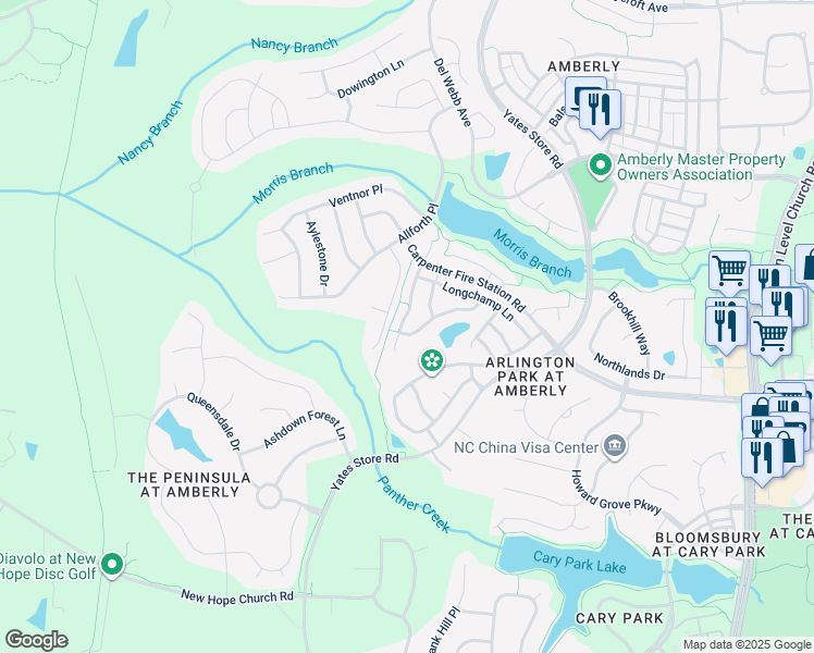 map of restaurants, bars, coffee shops, grocery stores, and more near 1822 Whirlaway Court in Cary